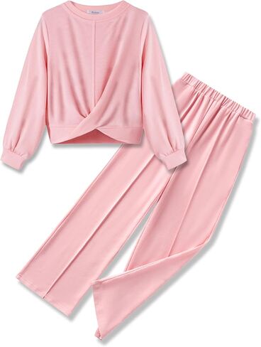 Arshiner Girls 2 Piece Outfits Sweatsuit Set Twist Front Sweatshirt Wide Leg Sweatpants Tracksuit with Pockets in Saudi Arabia