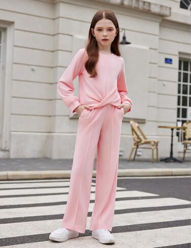 Arshiner Girls 2 Piece Outfits Sweatsuit Set Twist Front Sweatshirt Wide Leg Sweatpants Tracksuit with Pockets in Saudi Arabia