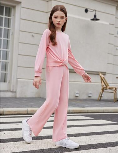Arshiner Girls 2 Piece Outfits Sweatsuit Set Twist Front Sweatshirt Wide Leg Sweatpants Tracksuit with Pockets in Saudi Arabia