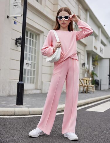 Arshiner Girls 2 Piece Outfits Sweatsuit Set Twist Front Sweatshirt Wide Leg Sweatpants Tracksuit with Pockets in Saudi Arabia