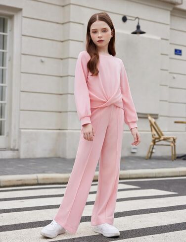 Arshiner Girls 2 Piece Outfits Sweatsuit Set Twist Front Sweatshirt Wide Leg Sweatpants Tracksuit with Pockets in Saudi Arabia