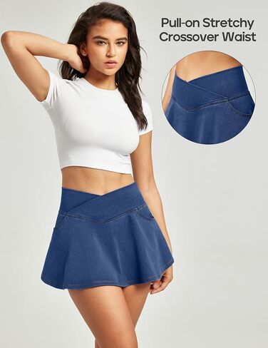 IUGA Stretchy Ruffle Denim Skort V-Waist Jean Skort with 4 Pockets Trendy High Waisted Mini Jean Skirt with Shorts Underneath in Kuwait