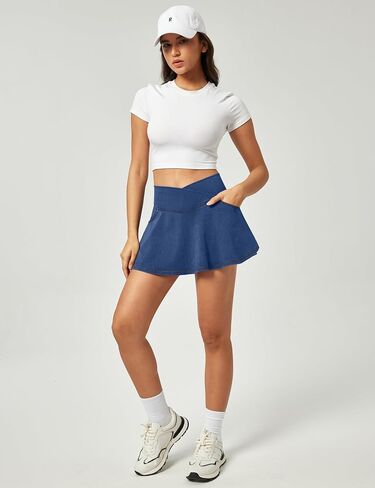 IUGA Stretchy Ruffle Denim Skort V-Waist Jean Skort with 4 Pockets Trendy High Waisted Mini Jean Skirt with Shorts Underneath in Kuwait