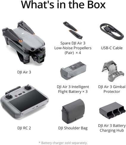 مجموعة DJI Air 3 Fly More Combo مع DJI RC 2 (جهاز التحكم عن بعد بالشاشة)، طائرة بدون طيار مع كاميرات أساسية مزدوجة متوسطة وواسعة الزاوية للبالغين، دقة 4K HDR، أقصى وقت طيران 46 دقيقة، 48 ميجابكسل، بطاريتين إضافيتين in Kuwait