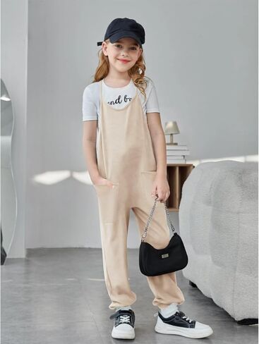 Girls' Casual Sleeveless Jumpsuits Spaghetti Strap Loose Overalls Pants Casual Long Jumper Romper with Pockets 8-12 in Saudi Arabia