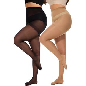 2 Pairs Plus Size Sheer Tights for Women - 20D Black Tights Control Top Pantyhose with Reinforced Toes, Supple Feel