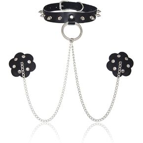 RARITYUS Women Rave Sexy Nipple Cover Pasties Bra Reusable Silicone Punk Leather Chain with Metallic Spike Studded