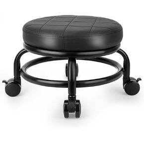 Low Roller Stool Low Height Rolling Stool Seat PU Leather Small Stool Foot Stool Round Rolling Stools for Home Office Garage Shop (Black)
