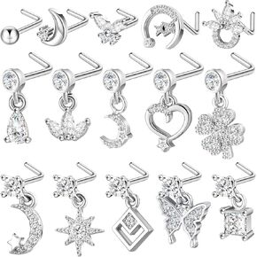 15 Pcs Nose Rings l Shape Nose Ring Dangling Nose Studs Flower Stainless Steel Nose Piercing Jewelry for Women