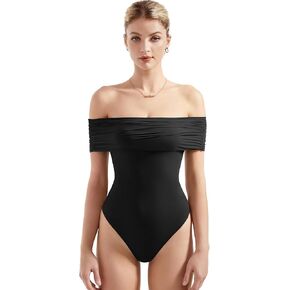 SUUKSESS Women Off the Shoulder Bodysuit Double Lined Going Out Short Sleeve Strapless Thong Body suit