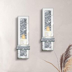 Crystal Crush Diamond Candle Holder Set of 2, Wavy Silver Mirrored Wall Candle Sconces, Wall Decorations for Living Room, Dining Room, Bedroom