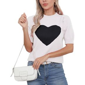 Womens Puff Short Sleeve Sweater Tops Cute Heart Crew Neck Casual T Shirts Blouses