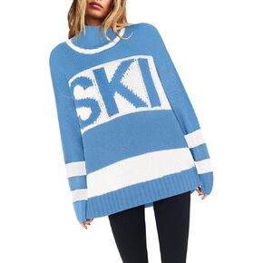 Yousify Womens Sweaters Fall 2024 Oversized Color Block Ski Sweater Crewneck Winter Tops S-2XL