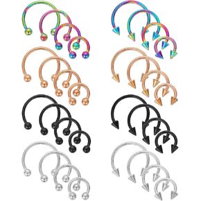 Yolev 32Pcs 18G Horseshoe Piercing for Women Men Variety of Sizes Horseshoe Rings Surgical Steel Nose Septum Horseshoe Hoop Earring Eyebrow Earring Hoop Lip