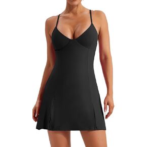 FEOYA Tennis Golf Dress for Women Side Slit Workout Dress Sleeveless Athletic Dress Built in Shorts & Bra