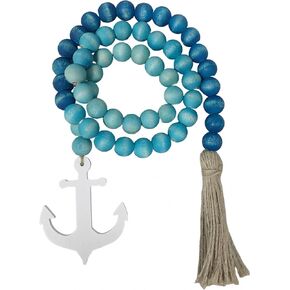 40" Handmade Farmhouse Bead Garland Wood with Tassel, Boho Chic Decorative String Beads Home Décor, Table Tiered Tray Country Wooden Accents (Beach Blue)