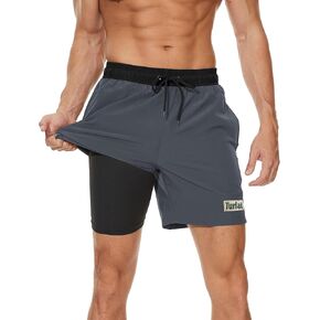 Black Mens Swim Trunks with Compression Liner 5" Quick Dry Swimming Beach Shorts for Men Bathing Suits Zipper Pockets