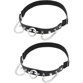 2PCs Adjustable Studded O-ring Leg Garter, Elastic Punk Thigh Garters with Chains for Women Parties, Black