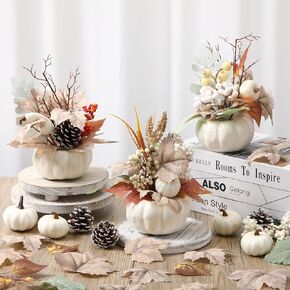 3 Pcs 9 Inch Fall Artificial Pumpkins Fake Pumpkin Centerpiece Decor Cozy Maple Leaves Styles Farmhouse Neutral Fall Decor Autumn Rustic Thanksgiving Fall Decoration for Home Indoor Outdoor