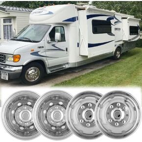 4pc 16" Wheel Simulators Compatible with Ford F350 1974-1998;E350/E450 1992-2021;Dodge Ram 3500 1974-1999, Protective Bolt On 8 Lug Hubcaps 8 Hand Hole Polished Stainless Steel Dually 608F