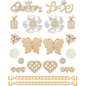 Gushu 20pcs Gold Shoe Charms for Girls Women Designer Jewelry Shoe Charms Rhinestone Chain Cute Bear Flower Butterfly for Adults Jewels Shoe Decoration Luxury Clog Charms Accessories