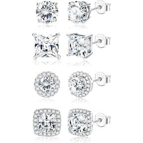 Dochais 4Pairs Mens Earrings 18K Gold Plated Stud Earrings for Men 925 Sterling Silver Halo Stud Earrings Set Hypoallergenic Cubic Zirconia Stud Earrings Silver Stud Earrings for Women Men