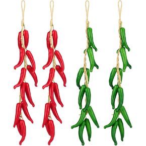 4 Pcs Artificial Chili Peppers on a String Wall Hanging Decorations Lifelike Foam Hot Chili Pepper Red & Green Fake Simulation Vegetable Fruit Garland Vine for Mexican Fiesta Party Home Kitchen Decor