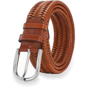 Leather Braided Belt for Men Jeans Golf, 1 3/8" Stretch Woven Leather Belts Casual Fully Adjustable Belt