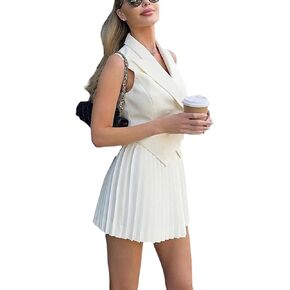 THLAI Women Two Piece Outfits Suits 2024 Summer Sleeveless Blazer Vest and Pleated Mini Skirts Set Business Matching Suits