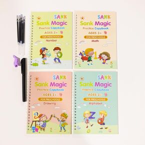 Reusable Magic Practice Copybook for Child Education, Alphabet Number Math Drawing Practice Book (Pack of 4) - Letter Tracing Book for Teaching Handwriting to Kids - with Pens and Handwriting Grip