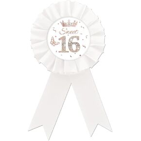 Sweet 16 Tinplate Badge Pin, Sweet Sixteen Button Pin, Rose Gold Crown Happy Birthday White Rosette Badge Pin for Girl, Diamond Brooch Buttons for 16th Birthday Party