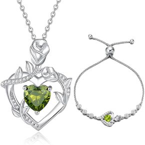 AGVANA August Birthstone Jewelry Peridot Necklace Bracelet for Women Sterling Silver CZ Rose Flower Heart Pendant Mothers Day Gifts for Mom Anniversary Birthday Gifts for Girls Her