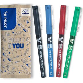 Pilot V5 Liquid Ink Rollerball 0.5mm Tip - Black/Blue/Red/Green (Pack of 4)