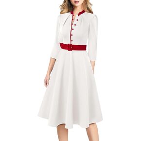 VFSHOW Womens 2024 Business Work Office 3/4 Sleeve Pockets Belted Buttons Elegant Fit and Flare A-Line Dress