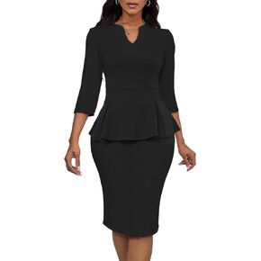 Church Dresses for Women Peplum V-Neck 3/4 Sleeve Business Suit Dress Bodycon Pencil Wear to Work Outfits
