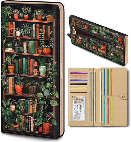 Womens Wallet, Black Bookshelf Slim Thin RFID Blocking Credit Card Wallets, Long Bifold PU Leather Card Holder Organizer, Cute Cash Clutch Billfold with Zipper Coin Pocket Ladies Girls Gift in Saudi Arabia