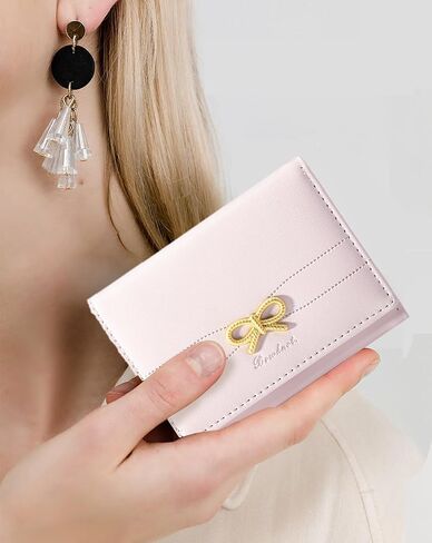 Cute Wallet Coquette Bow Small Wallet Tri-folded Aesthetic Bifold RFID Blocking Card Holder Leather Mini Short Coin Purse with ID Window for Women Girls Ladies -Pink in Saudi Arabia