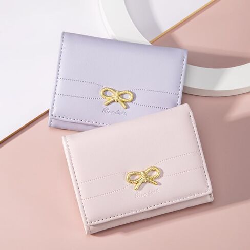 Cute Wallet Coquette Bow Small Wallet Tri-folded Aesthetic Bifold RFID Blocking Card Holder Leather Mini Short Coin Purse with ID Window for Women Girls Ladies -Pink in Saudi Arabia