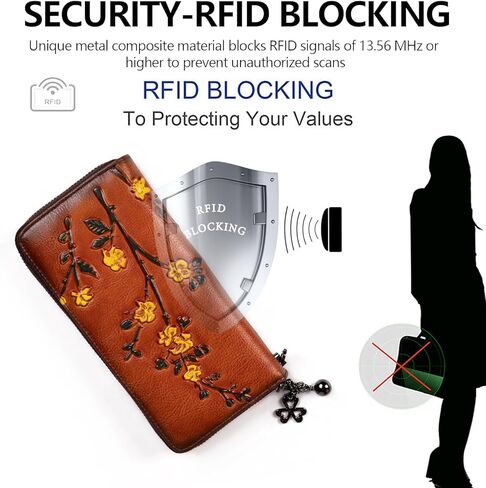 محفظة من الجلد الطبيعي للنساء - مع فتحة لبطاقة الشيكات RFID وفتحة لبطاقة الهوية ذات سعة كبيرة طراز عتيق (بني الزهرة) in Kuwait