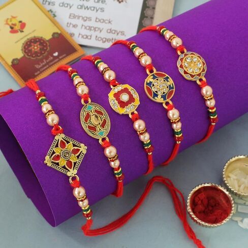 TIED RIBBONS Rakhi for Brother (Set of 5) | Rakhi Set | Rakhi for Bhaiya | Rakhi Card | Roli Chawal Tika - Raksha Bandhan Rakhi Bracelet for Brother | Bhai Rakhi Set for Brother Rakhi Thread in Saudi Arabia