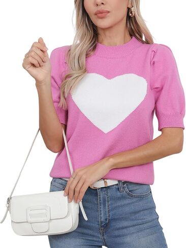 Womens Puff Short Sleeve Sweater Tops Cute Heart Crew Neck Casual T Shirts Blouses in Saudi Arabia