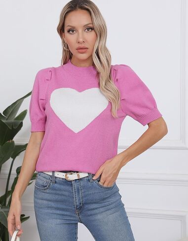 Womens Puff Short Sleeve Sweater Tops Cute Heart Crew Neck Casual T Shirts Blouses in Saudi Arabia
