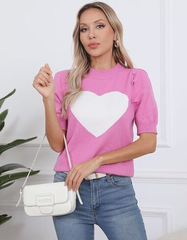Womens Puff Short Sleeve Sweater Tops Cute Heart Crew Neck Casual T Shirts Blouses in Saudi Arabia