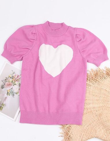 Womens Puff Short Sleeve Sweater Tops Cute Heart Crew Neck Casual T Shirts Blouses in Saudi Arabia