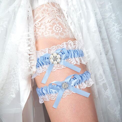 2pcs Blue Garters for Bride Women Blue Lace Garter Belt Set With Bow Lace Bridal Wedding Garter Set Rhinestone Garter Belt Something Blue Gift for Bride Wedding Garter for Bride Lace Garter Belt Set in Saudi Arabia