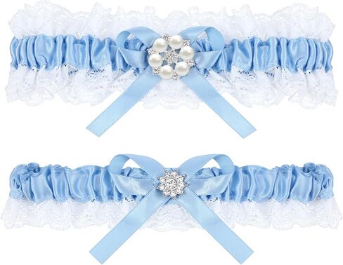 2pcs Blue Garters for Bride Women Blue Lace Garter Belt Set With Bow Lace Bridal Wedding Garter Set Rhinestone Garter Belt Something Blue Gift for Bride Wedding Garter for Bride Lace Garter Belt Set in Saudi Arabia