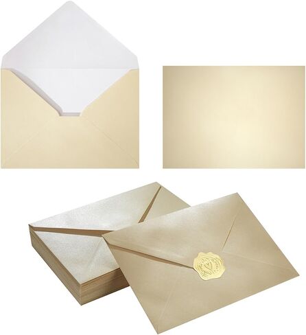 50 Pieces Shiny Envelopes with Gold Stickers for Wedding Invitation Cards, Graduation, Baby Shower, Greeting Cards (Cream Color, A7, 5x7) in Saudi Arabia