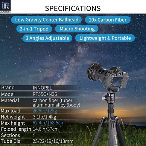 10 Layers Carbon Fiber Travel Tripod Monopod-INNOREL RT55C with 36mm Panoramic Ball Head 360 Degree and Carrying Case Professional Lightweight Compact Tripods for Digital Camera Camcorder DSLR in Saudi Arabia