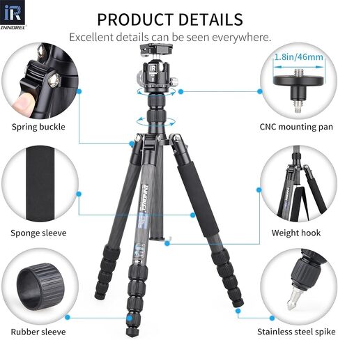 10 Layers Carbon Fiber Travel Tripod Monopod-INNOREL RT55C with 36mm Panoramic Ball Head 360 Degree and Carrying Case Professional Lightweight Compact Tripods for Digital Camera Camcorder DSLR in Saudi Arabia