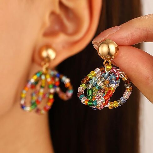 Boho Colorful Beaded Earrings for Women Teen Girls,Vintage Mixed Color Multi-Layer Beaded Dangle Earrings,Charming Daily Jewelry Gift in Saudi Arabia
